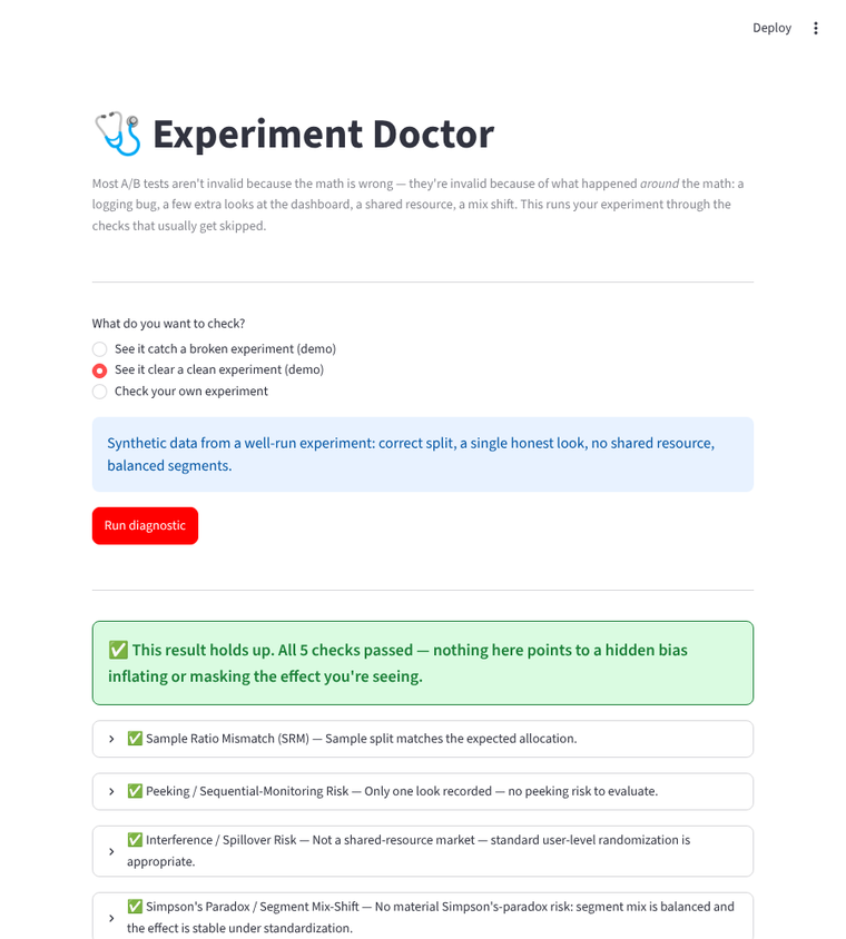 Experiment Doctor dashboard showing all five checks passed on a clean demo experiment